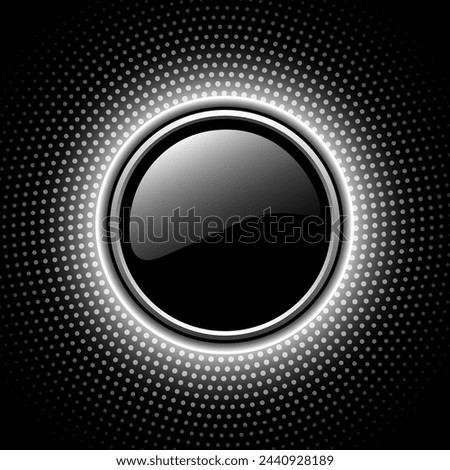 Shiny button with white halftone, sunny dots pattern around on black background, vector illustration.