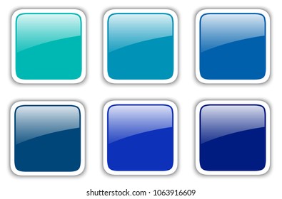 Shiny buttons set, blue square vector badges.