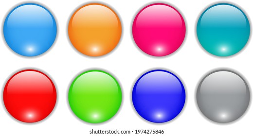 Shiny buttons set, glossy circle icons multicolored collection, 3D vector illustration.
