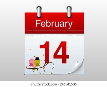 Shiny calendar page showing 14 February for Valentines Day celebration on grey background.