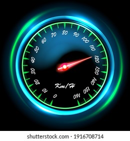Shiny car speedometer with red arrow and glowing flame