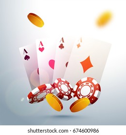 Shiny Casino background with Ace Playing Cards, 3D Poker Chips and Golden Coins.