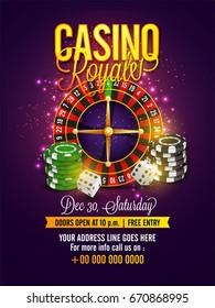 Shiny Casino Flyer, Template or Banner design with Roulette Wheel, Poker Chips and Dices.