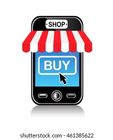 shiny cell phone with the cursor and click buy on the screen