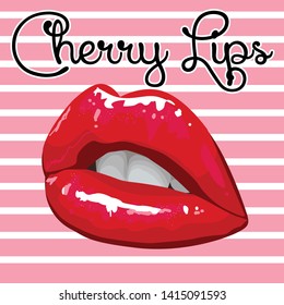 Shiny cherry lips on a pink striped background