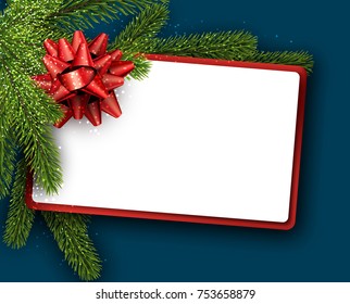 Shiny Christmas background with fir branches and red bow. Vector paper illustration.