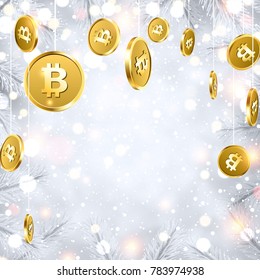 Shiny Christmas background with fir branches and gold bitcoins. Vector money illustration.
