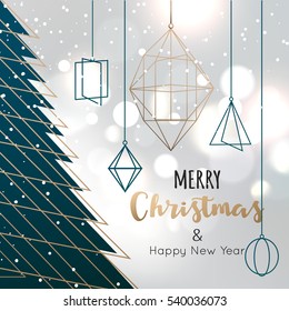 Shiny Christmas background with geometric tree and bokeh. Vector illustration.