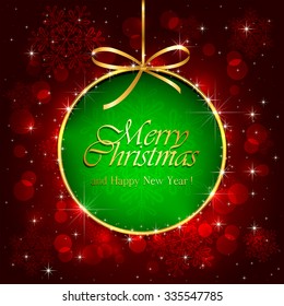 Shiny Christmas background with green bauble and with snowflakes, illustration. 