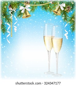 Shiny Christmas Background with Sparkling Wine Champagne Jingle Bells and Pine Branches in Snowfall