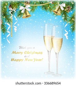 Shiny Christmas Background with Sparkling Wine Champagne Jingle Bells and Pine Branches in Snowfall