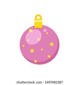 Shiny Christmas ball with golden stars, pink toy on white, element for decoration. Greeting card decorated by cartoon sphere, festive decor element. Vector illustration in flat cartoon style