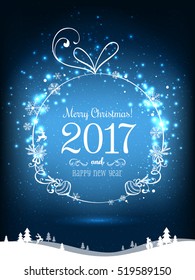 Shiny Christmas ball for Merry Christmas 2017 and New Year on holiday background with winter landscape with snowflakes, light, stars. Vector eps illustration