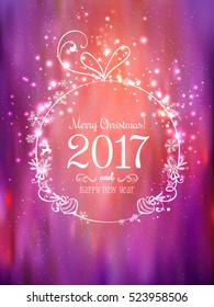 Shiny Christmas ball for Merry Christmas 2017 and New Year on beautiful background with light, stars, snowflakes. Holiday card. Vector eps illustration