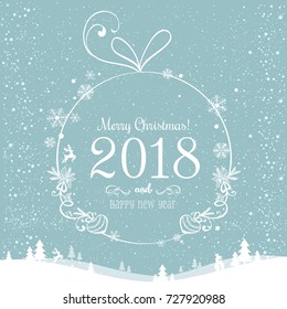 Shiny Christmas ball for Merry Christmas 2018 and New Year on beautiful background with light, stars, snowflakes. Holiday card. Vector eps illustration