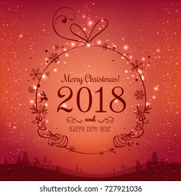 Shiny Christmas ball for Merry Christmas 2018 and New Year on red background with light, stars, snowflakes. Holiday card. Vector eps illustration