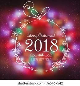 Shiny Christmas ball for Merry Christmas 2018 and New Year on dark background with light, stars, snowflakes. Holiday card. Vector eps illustration