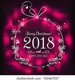 Shiny Christmas ball for Merry Christmas 2018 and New Year on dark background with light, stars, snowflakes. Holiday card. Vector eps illustration