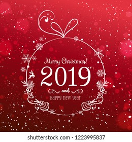 Shiny Christmas ball for Merry Christmas 2019 and New Year on red background with light, stars, snowflakes. Holiday card. Vector eps illustration