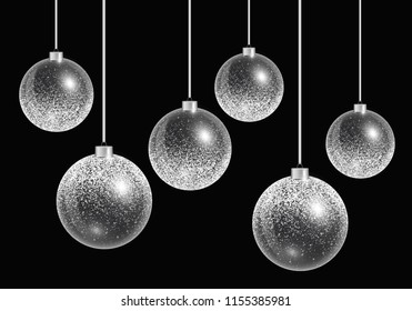 Shiny Christmas balls on a black background. Vector illustration with silvery shine