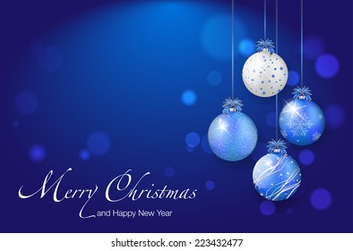 Shiny Christmas balls on blue background - place for your text. Vector illustration.