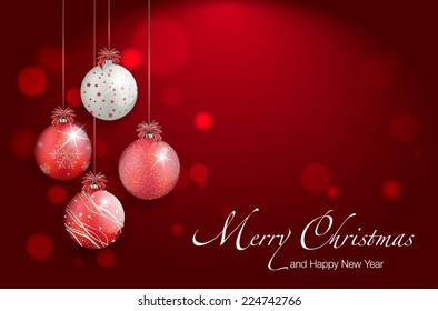 Shiny christmas balls on red background - place for your text. Vector illustration.