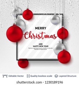 Shiny Christmas balls and text on light background. 3D glossy fir tree decorative toys. New Year holiday banner template.