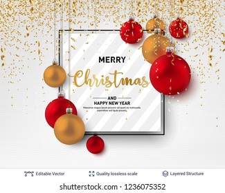 Shiny Christmas balls and text on light background. 3D glossy fir tree decorative toys. New Year holiday banner template.