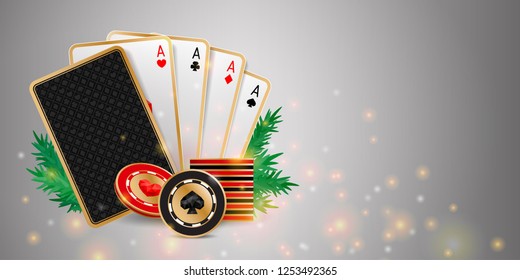 Shiny Christmas casino banner with playing cards, chips and fir branches on grey background. Holiday poker hand