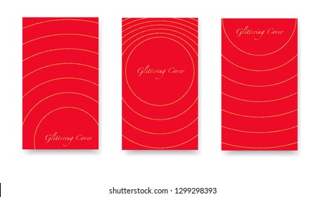 Shiny Christmas golden garlands. Set of red and gold covers, templates, printing elements, cards. Round glowing confetti, festive tinsel, magic design for polygraphy. Glittering Vector Cover.