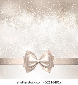 Shiny Christmas light background with winter snowy landscape and fir-trees. Holiday bow.