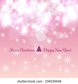 Shiny Christmas and New Year background with snowflakes, light, stars. Vector Illustration. Xmas card