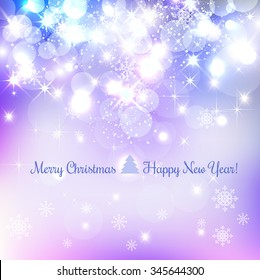 Shiny Christmas and New Year background with snowflakes, light, stars. Vector Illustration. Xmas card