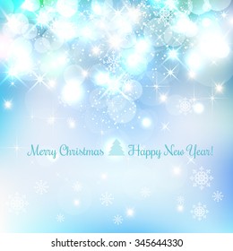 Shiny Christmas and New Year background with snowflakes, light, stars. Vector Illustration. Xmas card