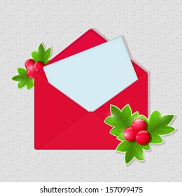 Shiny Christmas Red Envelope with Blank Paper Sheet on Grey Background