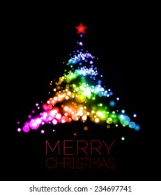 Shiny Christmas tree  in black poster . Vector illustration.