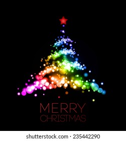 Shiny Christmas tree  in black poster . Vector illustration.