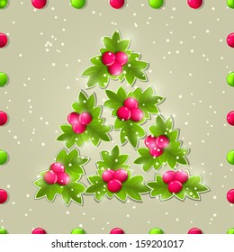 Shiny Christmas Tree Composed from Green Leaves and Red Berries.New Year Card