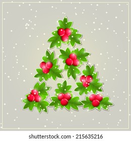 Shiny Christmas Tree Composed from Green Leaves and Red Berries.New Year Card