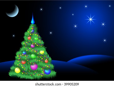 Shiny christmas tree in a dark night with moon and stars on the sky