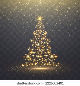 Shiny Christmas tree. Glitter gold particles shine effect on png background. Magical light dust, dusty shine. Vector glittering lights in the form of a Christmas tree with bright glowing particles.