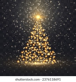 Shiny Christmas tree. Glitter gold particles shine effect on png background. Magical light dust, dusty shine. Vector glittering lights in the form of a Christmas tree with bright glowing particles.