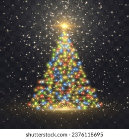 Shiny Christmas tree. Glitter gold particles shine effect on png background. Magical light dust, dusty shine. Vector glittering lights in the form of a Christmas tree with bright glowing particles.