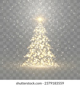 Shiny Christmas tree. Glitter gold particles shine effect on png background. Magical light dust, dusty shine. Vector glittering lights in the form of a Christmas tree with bright glowing particles.