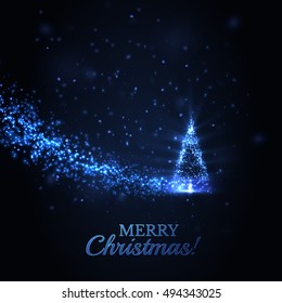 Shiny Christmas tree with glittering dust trail background. Vector eps10.