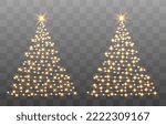 Shiny Christmas tree. Glittering lights in the form of a Christmas tree with bright shining and glowing particles. Golden glowing spruce in a luxurious design. Vector illustration on png background.
