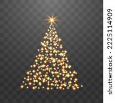 Shiny Christmas tree. Glittering lights in the form of a Christmas tree with bright shining and glowing particles. Golden glowing spruce in a luxurious design. Vector illustration on png background.