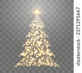Shiny Christmas tree. Glittering lights in the form of a Christmas tree with bright shining and glowing particles. Golden glowing spruce in a luxurious design. Vector isolated on png background