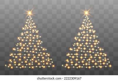 Un brillante árbol de Navidad. Luces relucientes en forma de árbol de Navidad con partículas brillantes y brillantes. Abeja dorada en un diseño lujoso. Ilustración vectorial en el fondo de png.