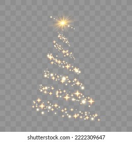 Shiny Christmas tree. Glittering lights in the form of a Christmas tree with bright shining and glowing particles. Golden glowing spruce in a luxurious design. Vector illustration on png background.